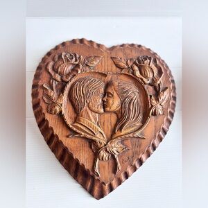 Vintage Hand Carved Wooden Heart Box Romantic Couple Signed